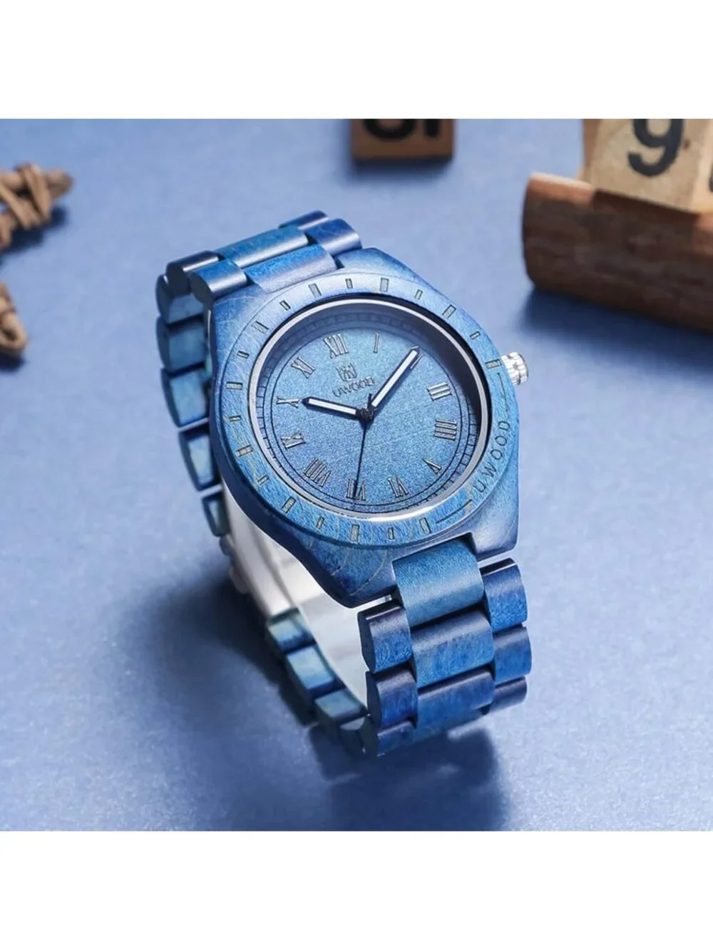Men's Blue Handmade Sandalwood Uwood Analog Quartz Vintage Unique Wooden Watch